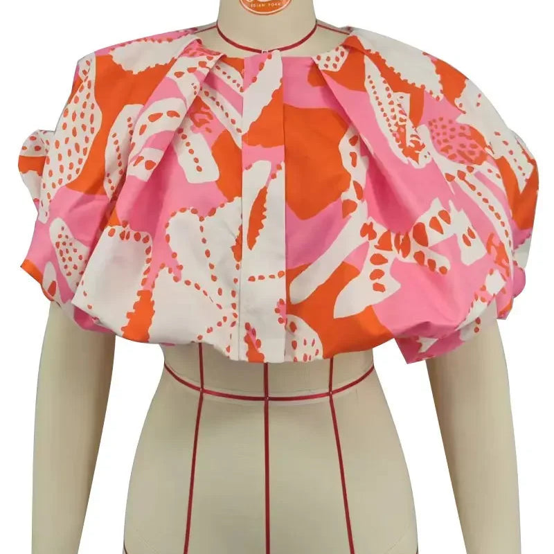 Summer Street Women Shirts Fashion Ruched Short Puff Sleeve Mini Blouse 2024 Street Print Casual Holiday Shirts Tops