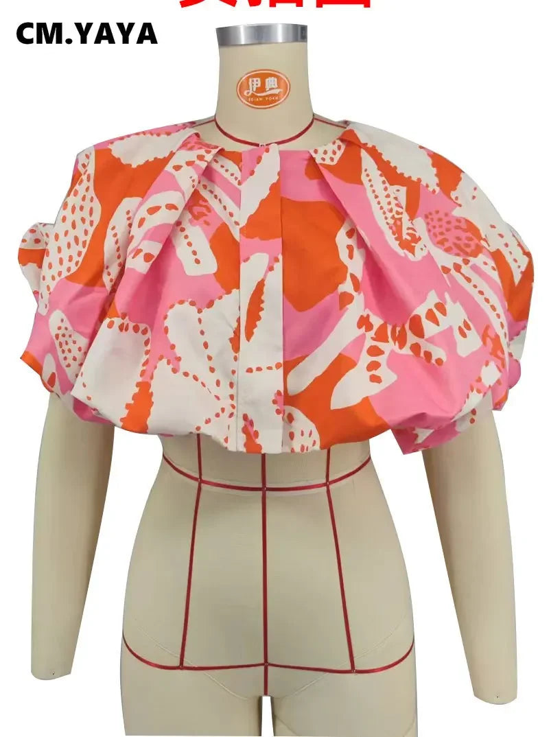 Summer Street Women Shirts Fashion Ruched Short Puff Sleeve Mini Blouse 2024 Street Print Casual Holiday Shirts Tops