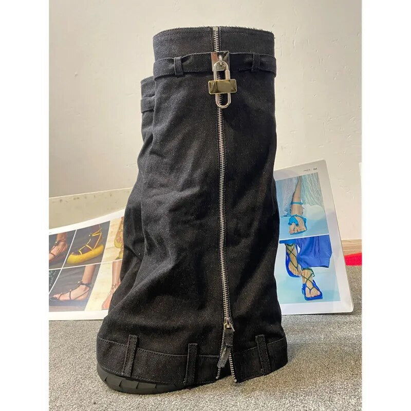 Winter Women's Knee-high Boots Round Toe Platform Wedges Denim Female Shoes Fashion Metal Decoration Boots Woman black