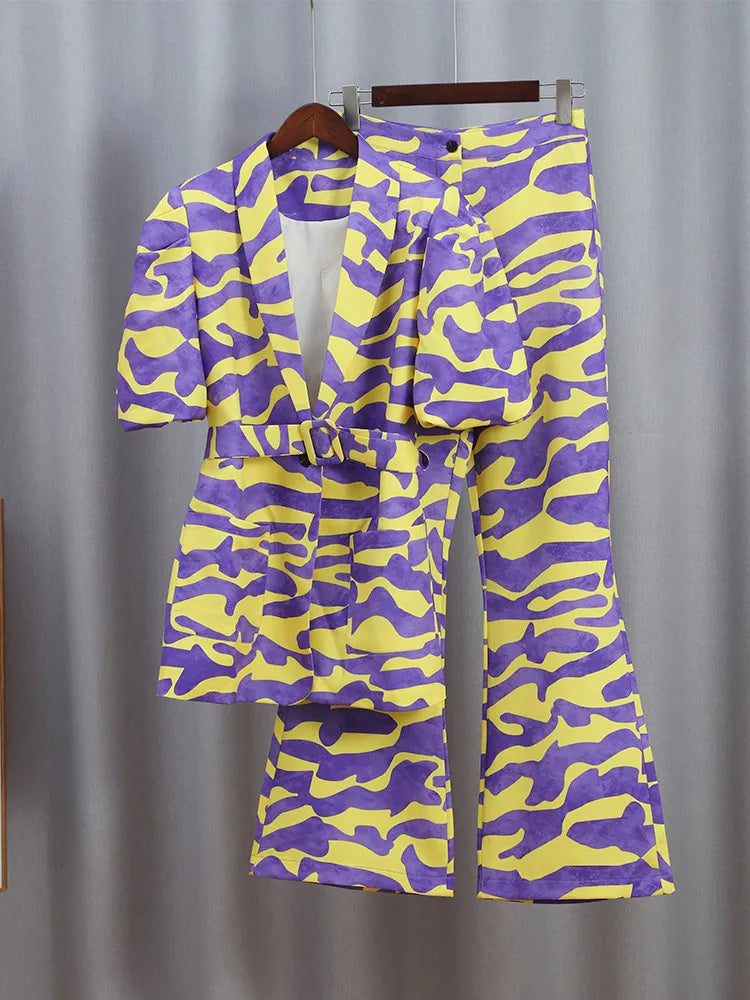 Wave Striped Print Blazer Pants Set For Women Loose Lapel Puff Short Sleeve Coat Suit New Elegant Female High Street Outfit