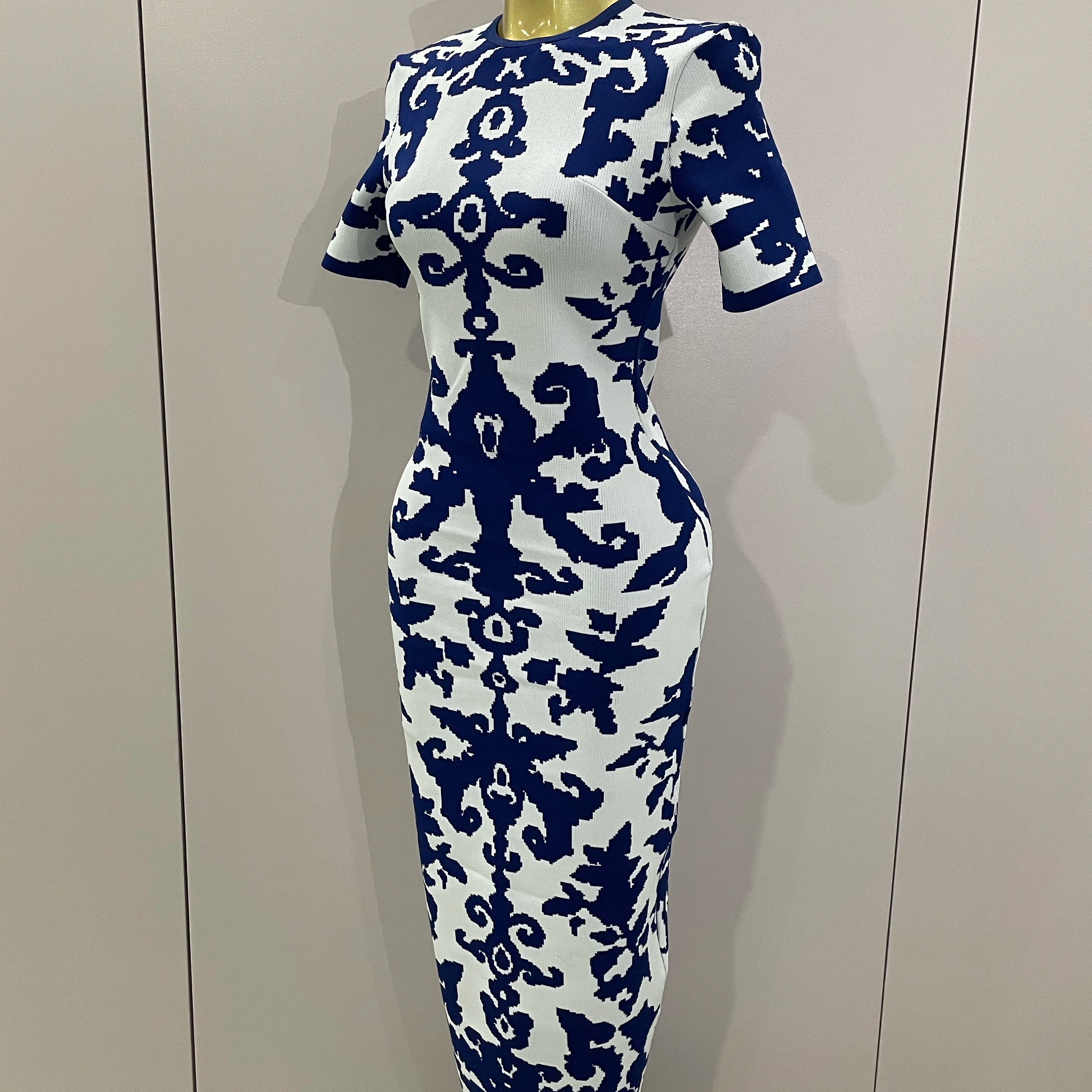 2025 New Sexy Short Sleeve Jacquard Blue Bandage Bodycon Long Dress Women Celebrity Elegant Evening Club Party Luxury Dresses