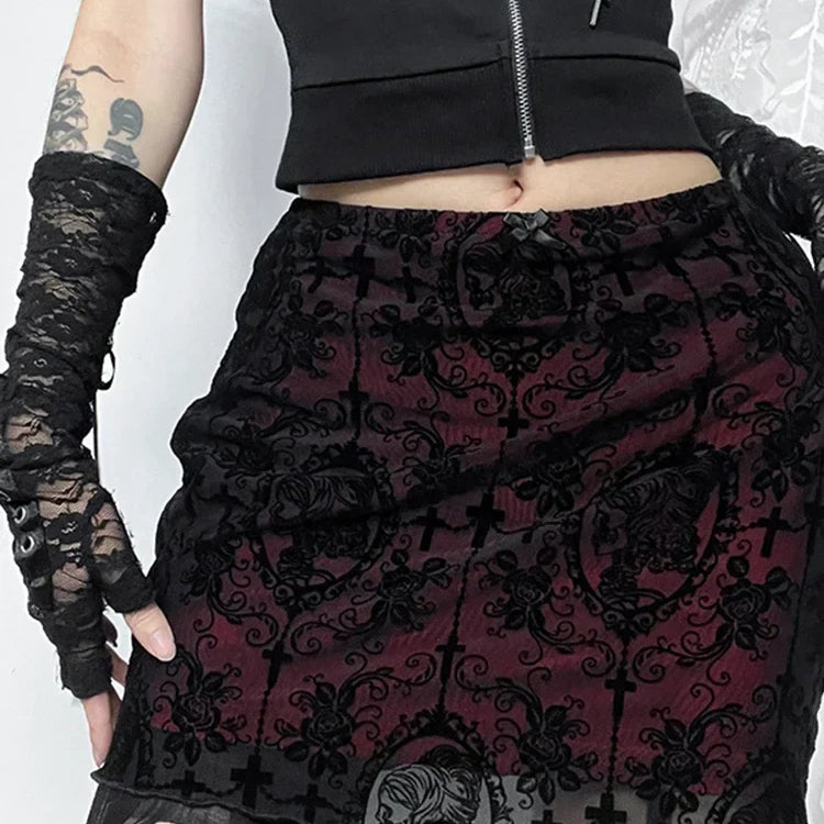 AltGoth Streetwear Elegant Gothic Skirt Women Vintage Emo Alternative Grunge High Waist Flockling Patchwork Mini Skirt Clubwear