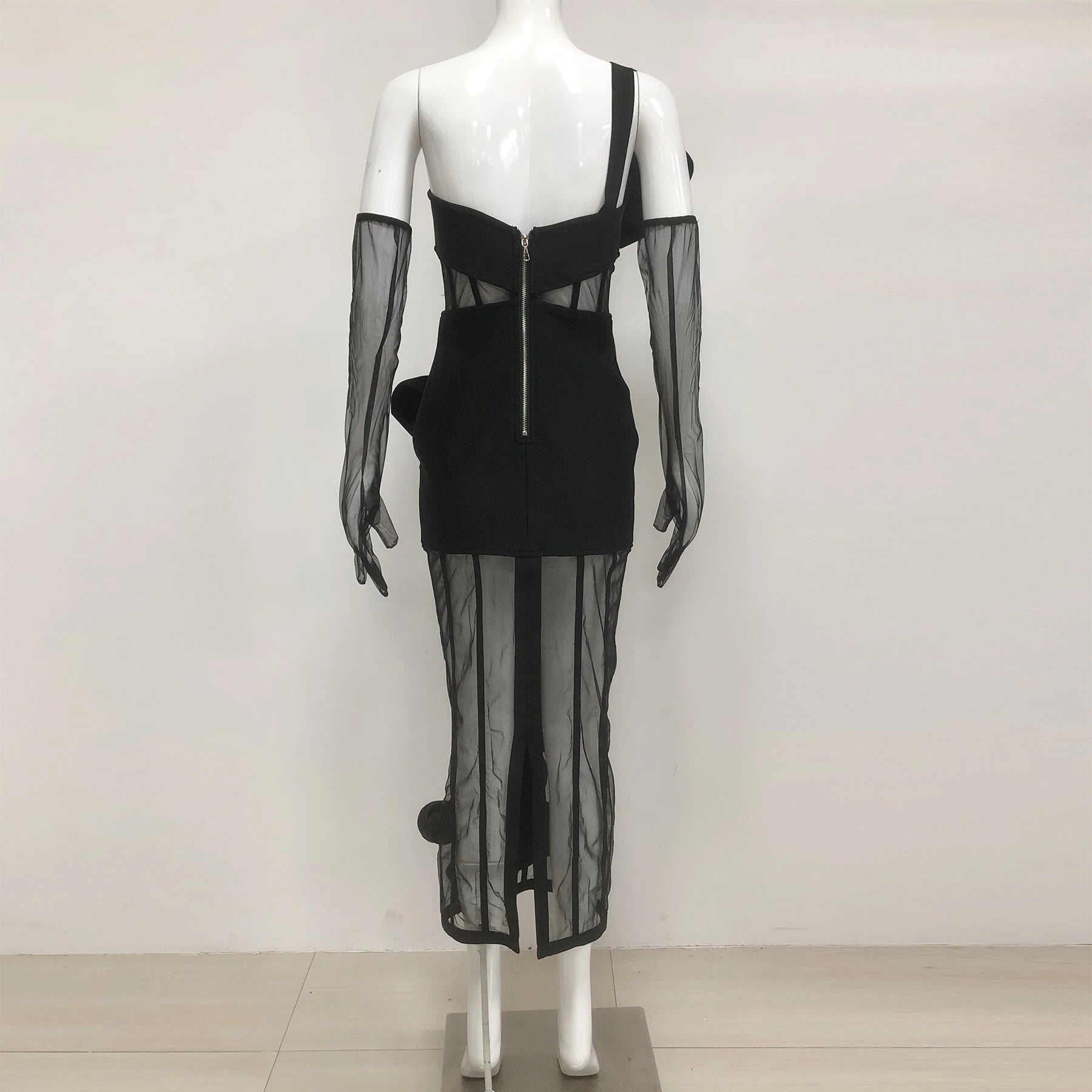 High Women Sexy One Shoulder Florals Mesh See Through Bodycon Long Bandage Dress Celebrate Nightclub Party Outfit