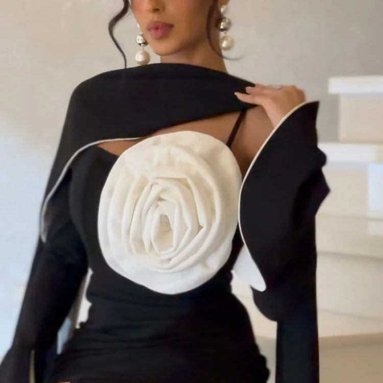 Summer New Simple Black Crepe 3D Flowers Mermaid Prom Dress 2024 Slim Long Sleeve Ankle-Length Formal Evening Dress