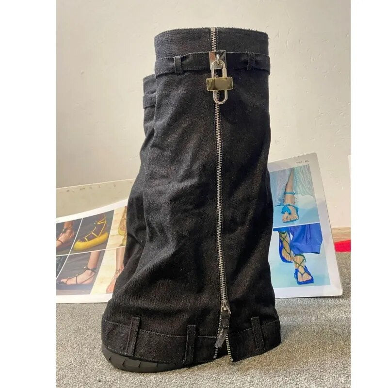 Winter Women's Knee-high Boots Round Toe Platform Wedges Denim Female Shoes Fashion Metal Decoration Boots Woman