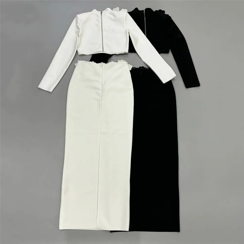 Black Color Women Long Sleeve Sexy Diamond Flowers 2 Pieces Bodycon Long Bandage Dress Celebrate Nightclub Party Outfit Vestido