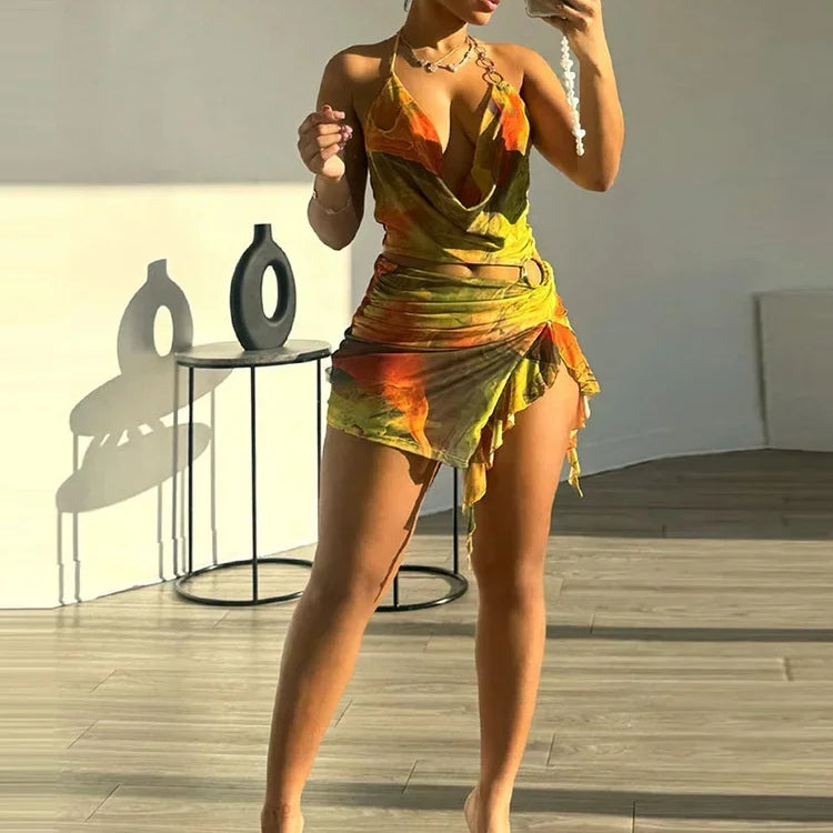 Sexy Printed Tie-dye Hollow Out Mini Dress Fashion Sleeveless Curling Edge Slim Fit Gown New Female Cocktail Party Vestidos 2025 Yellow