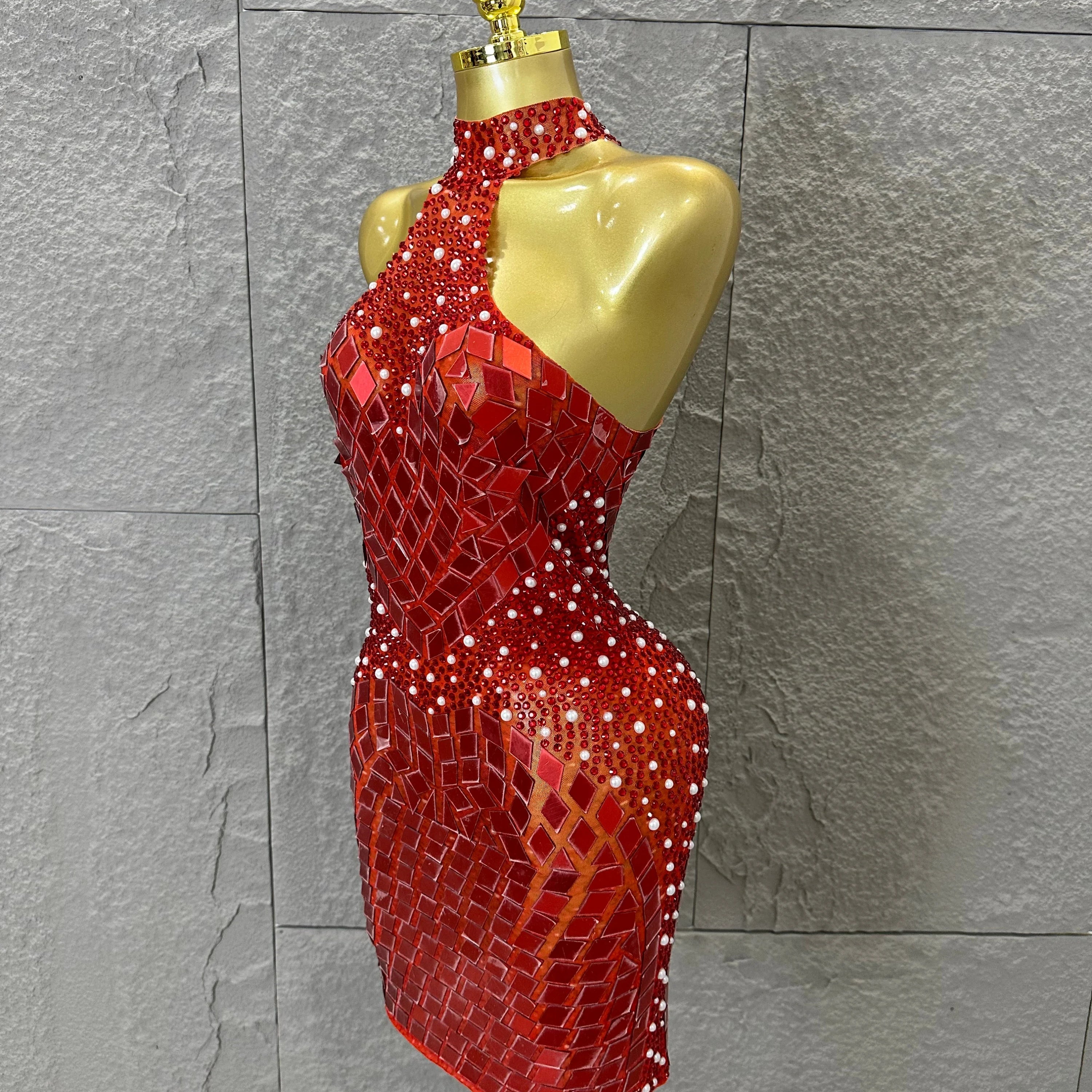 Luxury Black Gold Red Halter Neck Bandage Mini Dress Diamond Mirror Pearl Embellished Bodycon Formal Evening Gown