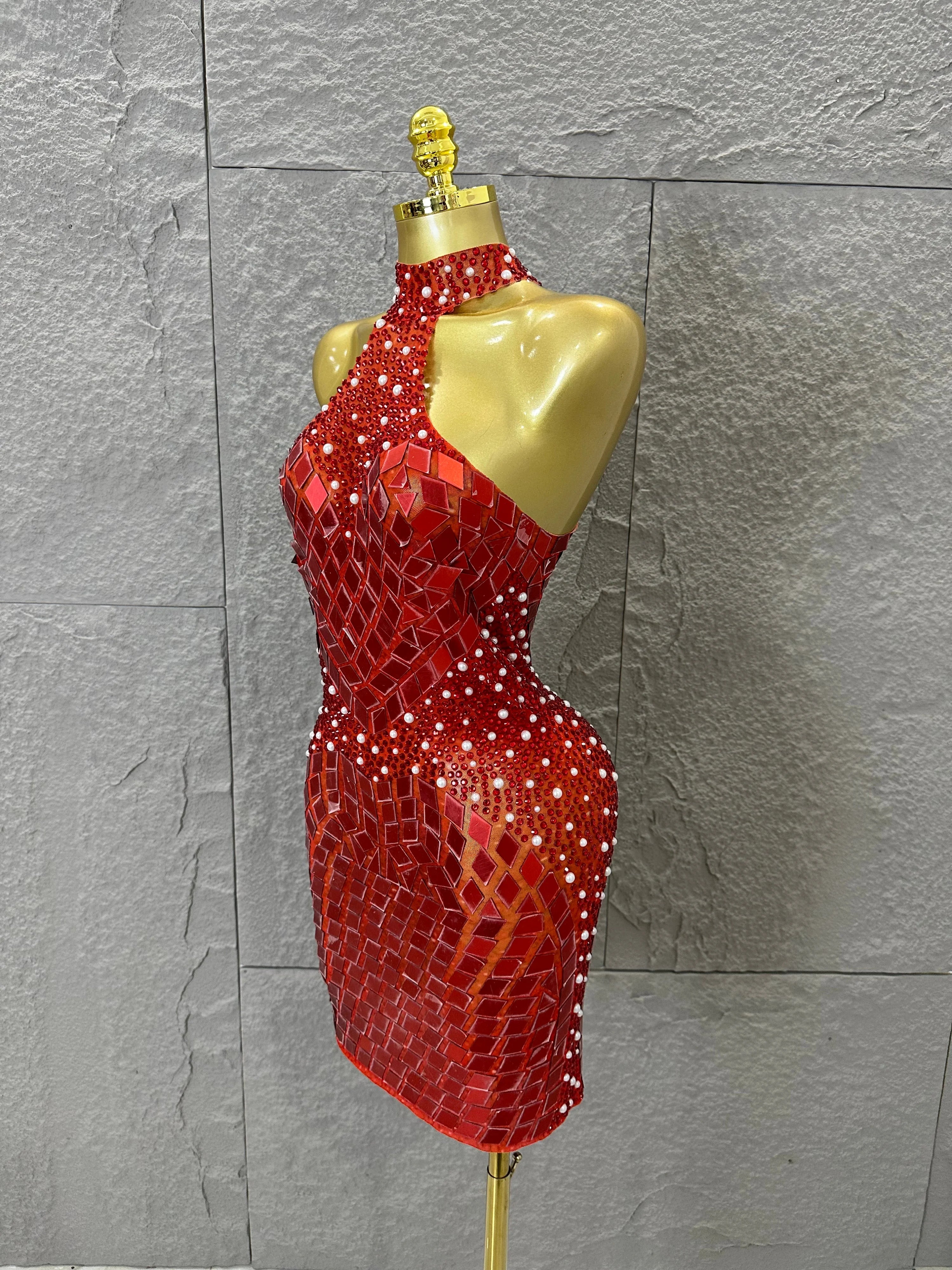 Luxury Black Gold Red Halter Neck Bandage Mini Dress Diamond Mirror Pearl Embellished Bodycon Formal Evening Gown