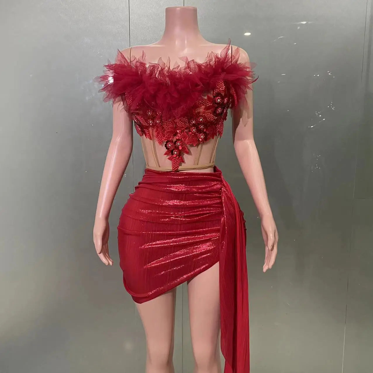 Christmas Style Women Sexy 2 Pieces Beading Draped Bodycon Mini Dress Nightclub Party Celebrate Bar Singer Performance Costume