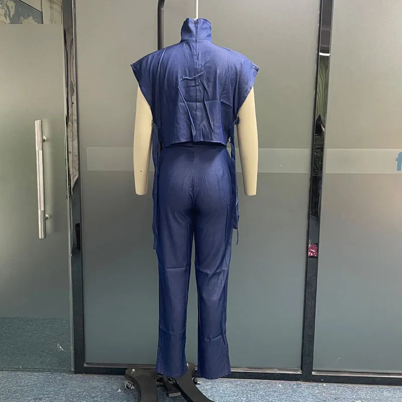 Waytobele Women Two Piece Set Summer Fashion Office Solid High Neck Short Sleeve Top Straight With Pockets Buckle Pants Sets