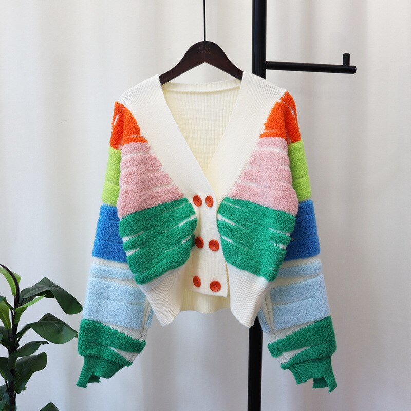 Women Rainbow Striped Colorful Cardigan Fall Winter Sweater V-Neck Knit Tops Dopamine Outfit Default Title