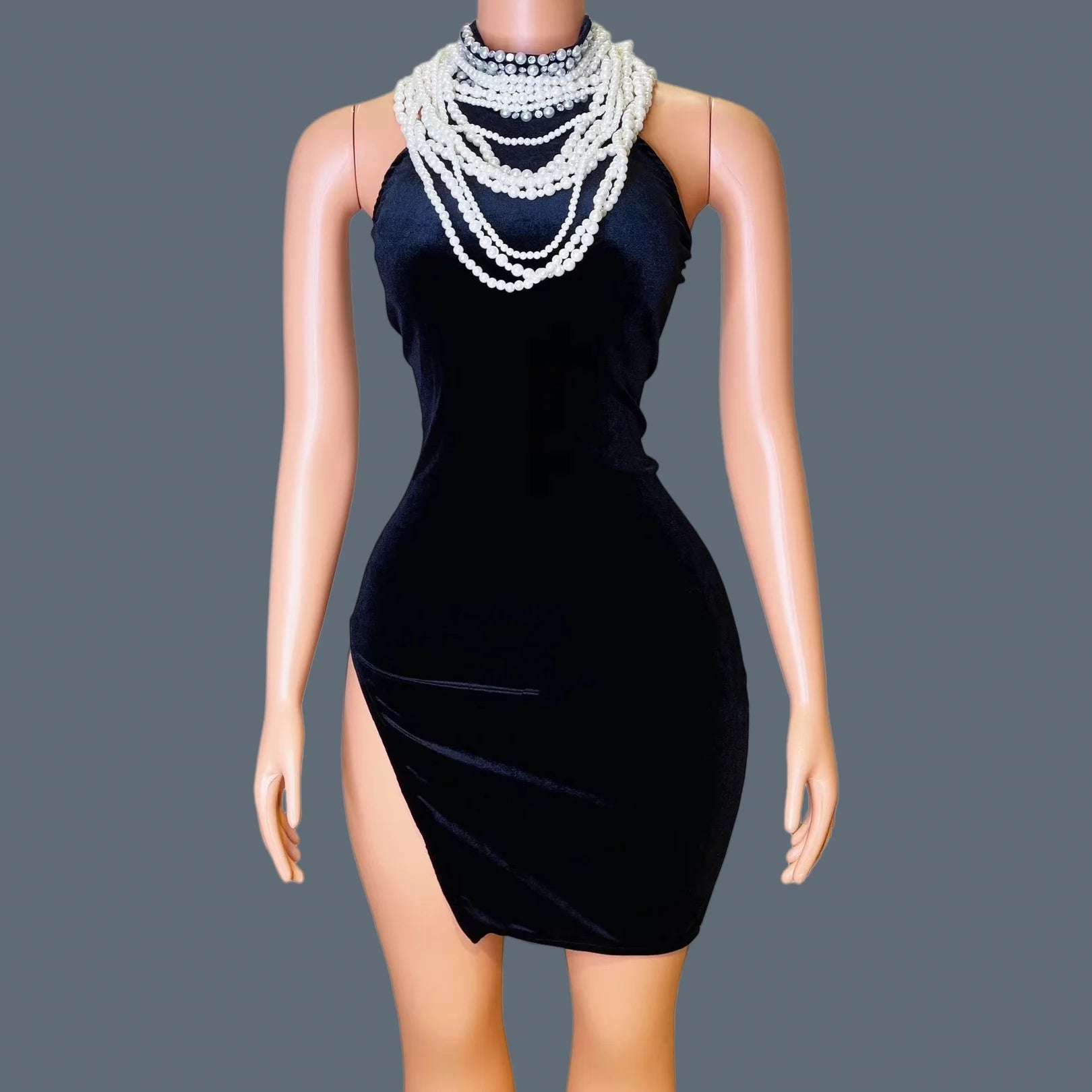 Pearl Necklace Velvet High Slit Mini Dress Luxury Dinners Event Sleeveless Evening Dress Nightclub Prom Sexy Short Dress Guilin black