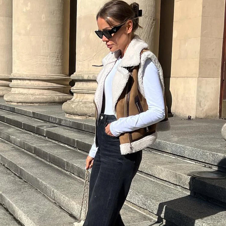 Woman Faux Leather Lambswool Patchwork Sleeveless Vest Autumn Jackets Female Fashion Thickening Warm Zip Waistcoats Coat