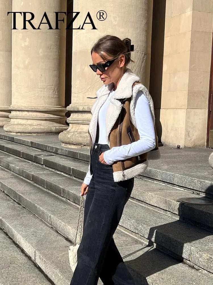 Woman Faux Leather Lambswool Patchwork Sleeveless Vest Autumn Jackets Female Fashion Thickening Warm Zip Waistcoats Coat