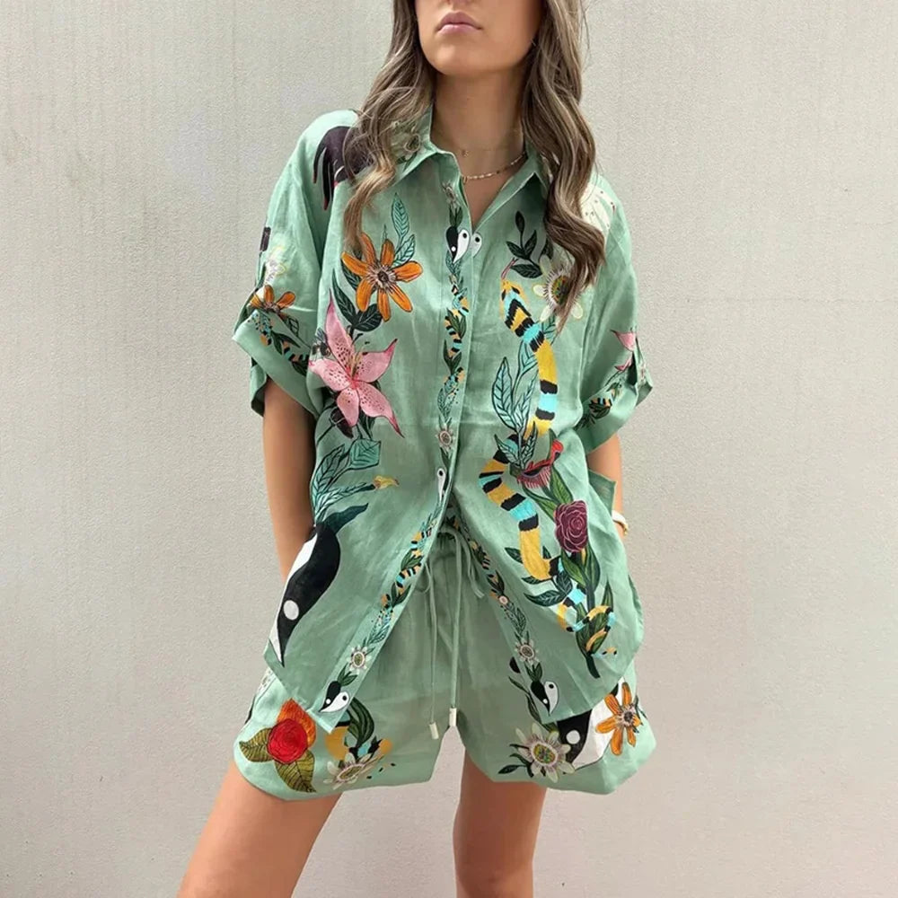 Womens 2 Piece Outfits Summer New Lounge Vacation Sets Loose Fitting Print Short Sleeve Lapel Button T-Shirt With Shorts Set