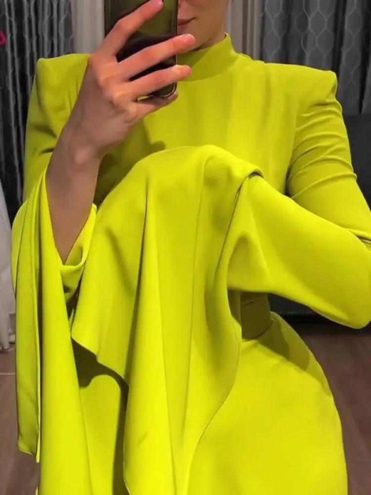 Onecozyday New Women Elegant Evening Dresses Ruffled Sleeve Turtleneck High Waisted Slim Fit Pleated Floor Length Dress