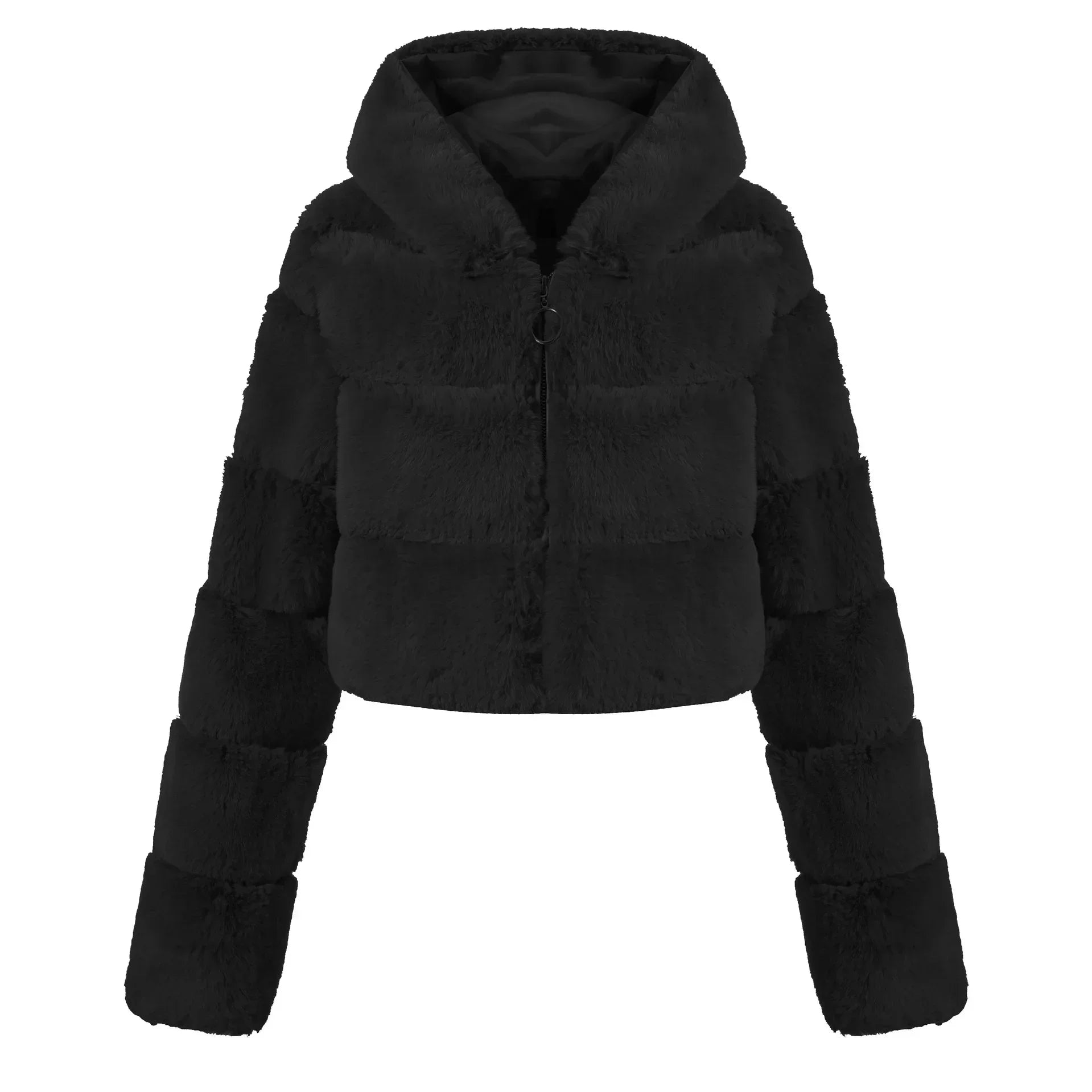 Winter Hooded Fluffy Jacket Women Faux Fur Coat Cropped Jacket Puffer Jacket Zip Up Winter Warm Fuzzy Teddy Coats Tops Outwear Black