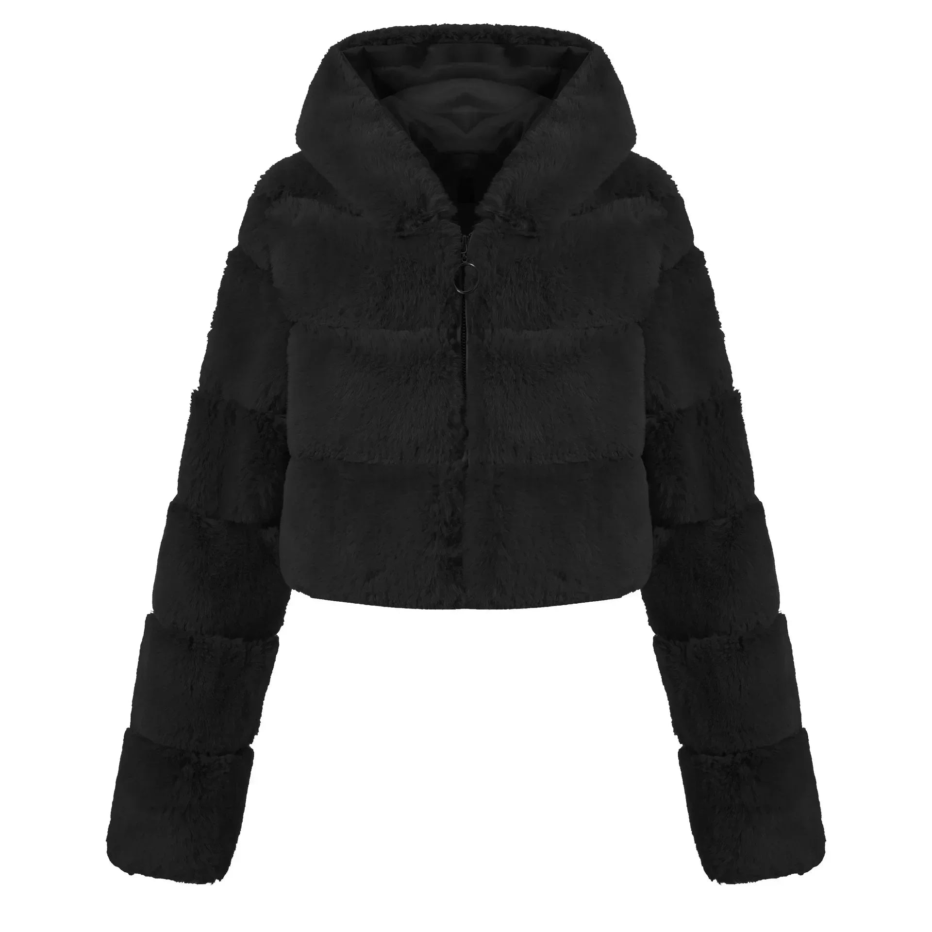 Winter Hooded Fluffy Jacket Women Faux Fur Coat Cropped Jacket Puffer Jacket Zip Up Winter Warm Fuzzy Teddy Coats Tops Outwear Black