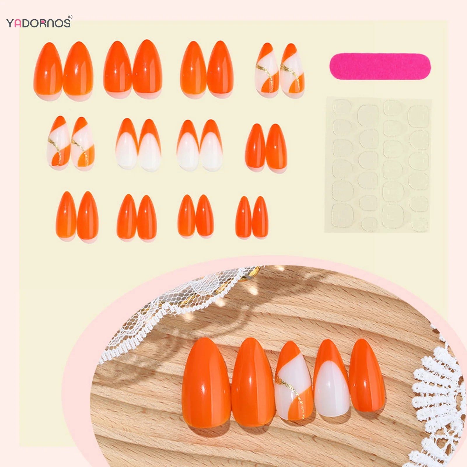 24Pcs Almond Fake Nails Women Girls New Year Party Press On Nails Red/Brown/Orange French False Nails DIY Charm Manicure