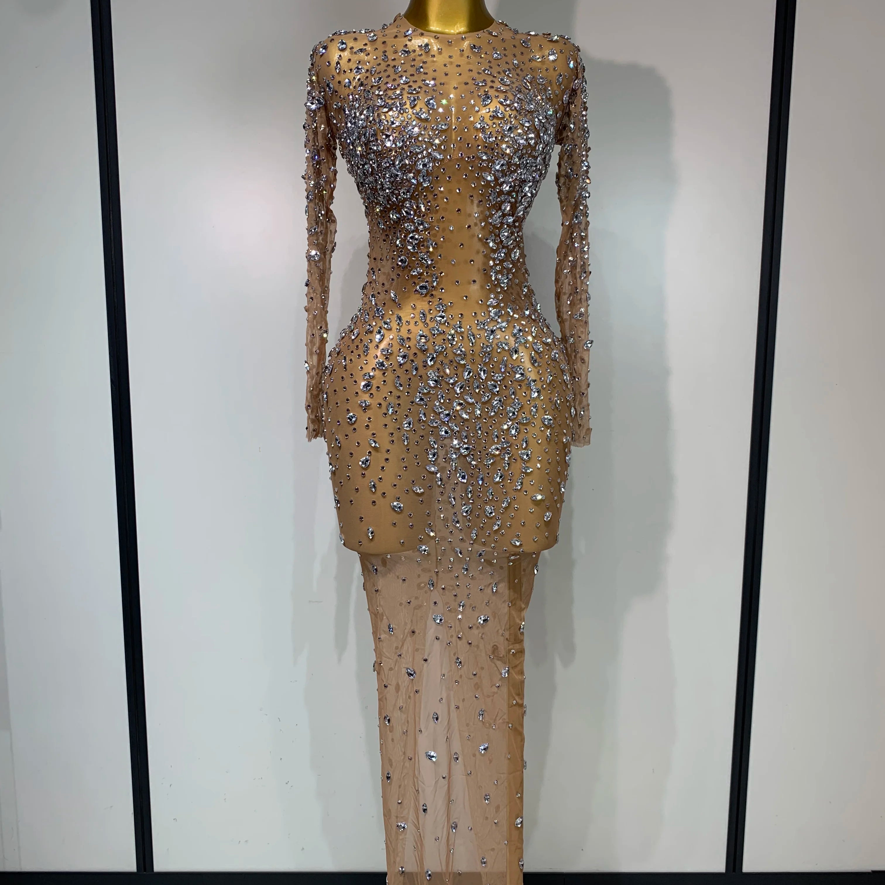 Women Sexy Long Sleeve Bodycon Dress Luxury Birthday Evening Party Glitter Rhinestones Mesh See Through Prom Gown Stage Outfit Silver