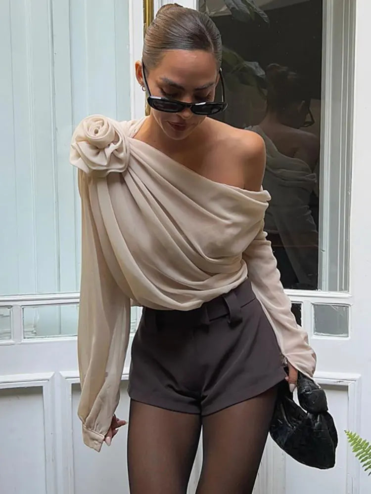 GACVGA Skew Collar Floral Mesh Chiffon Blouses Tops Tshirt Elegant T Shirt Fashion Crop Top See Through Women's Blouses & Shirts Apricot