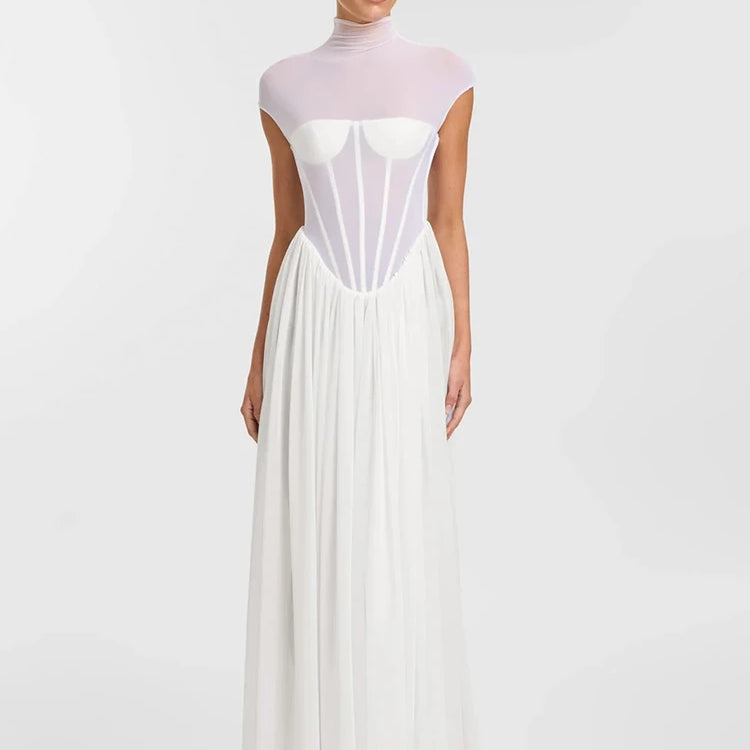 Romantic Ethereal High-Neck Bridal-Inspired Sheer White Maxi Dress for Wedding Party Evening Gown