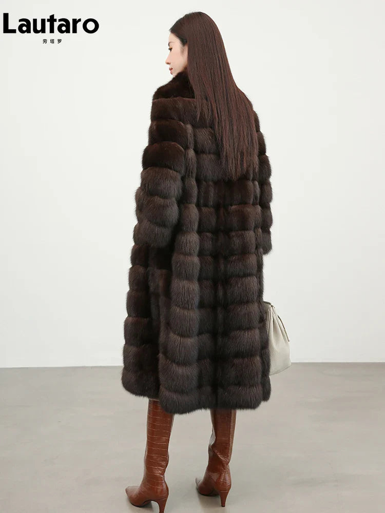 Autumn Winter Elegant Luxury Chic Long Thick Warm Faux Sable Fur Coat Women Shawl Collar Fluffy Overcoat