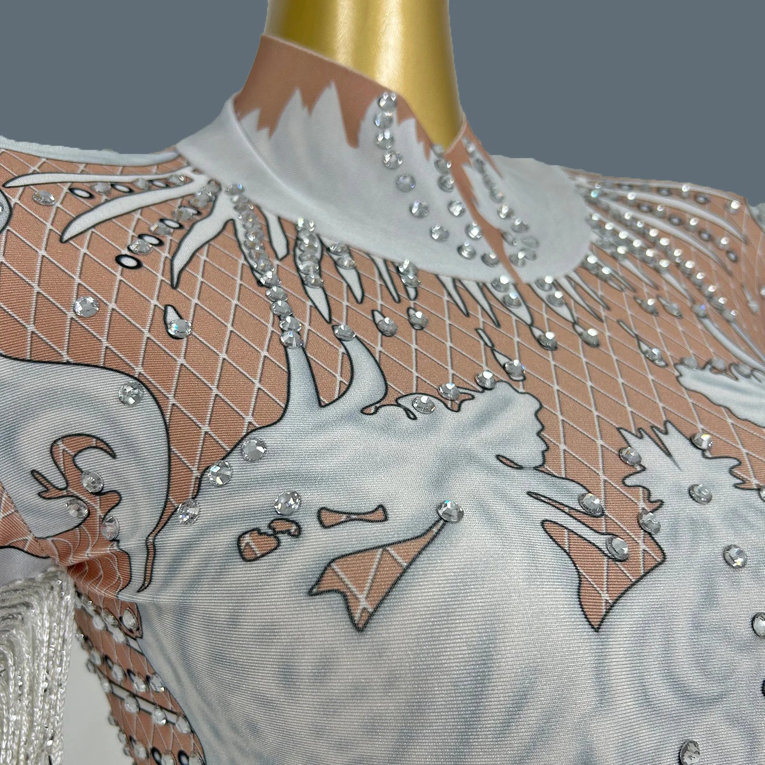 Fashion Print Rhinestone Tassel Rompers Ladies Short Bodysuit Slim Fit Show Dance Leotard Women Stage Performance Jumpsuit Tiane