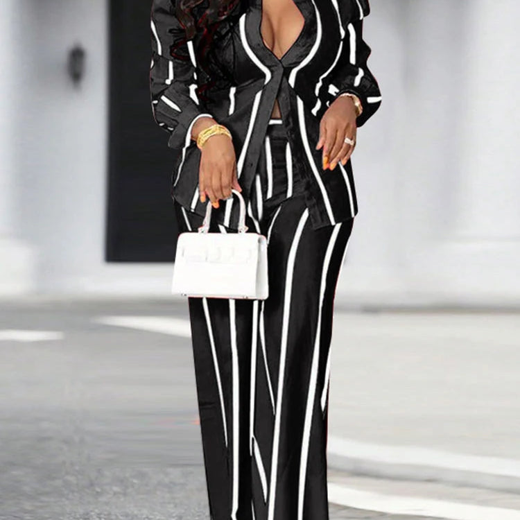 Plus Size 5XL VONDA 2025 Women Pants Sets Matching Sets Vintage Striped Shirt Trouser Casual Two-Piece Sets Office Lady Suits black