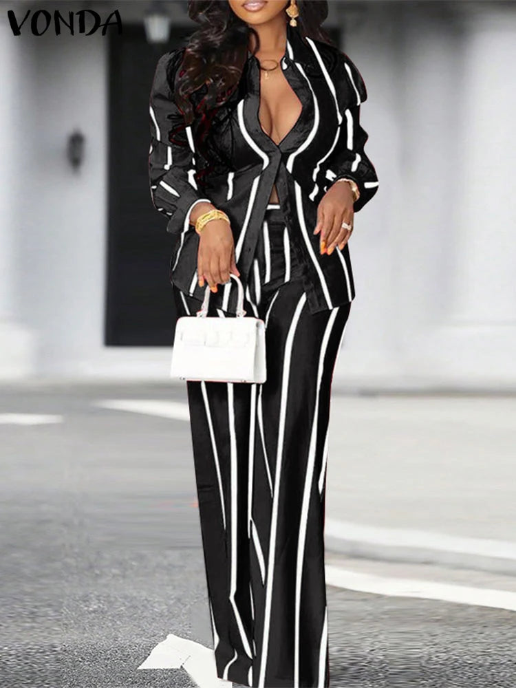 Plus Size 5XL VONDA 2025 Women Pants Sets Matching Sets Vintage Striped Shirt Trouser Casual Two-Piece Sets Office Lady Suits black