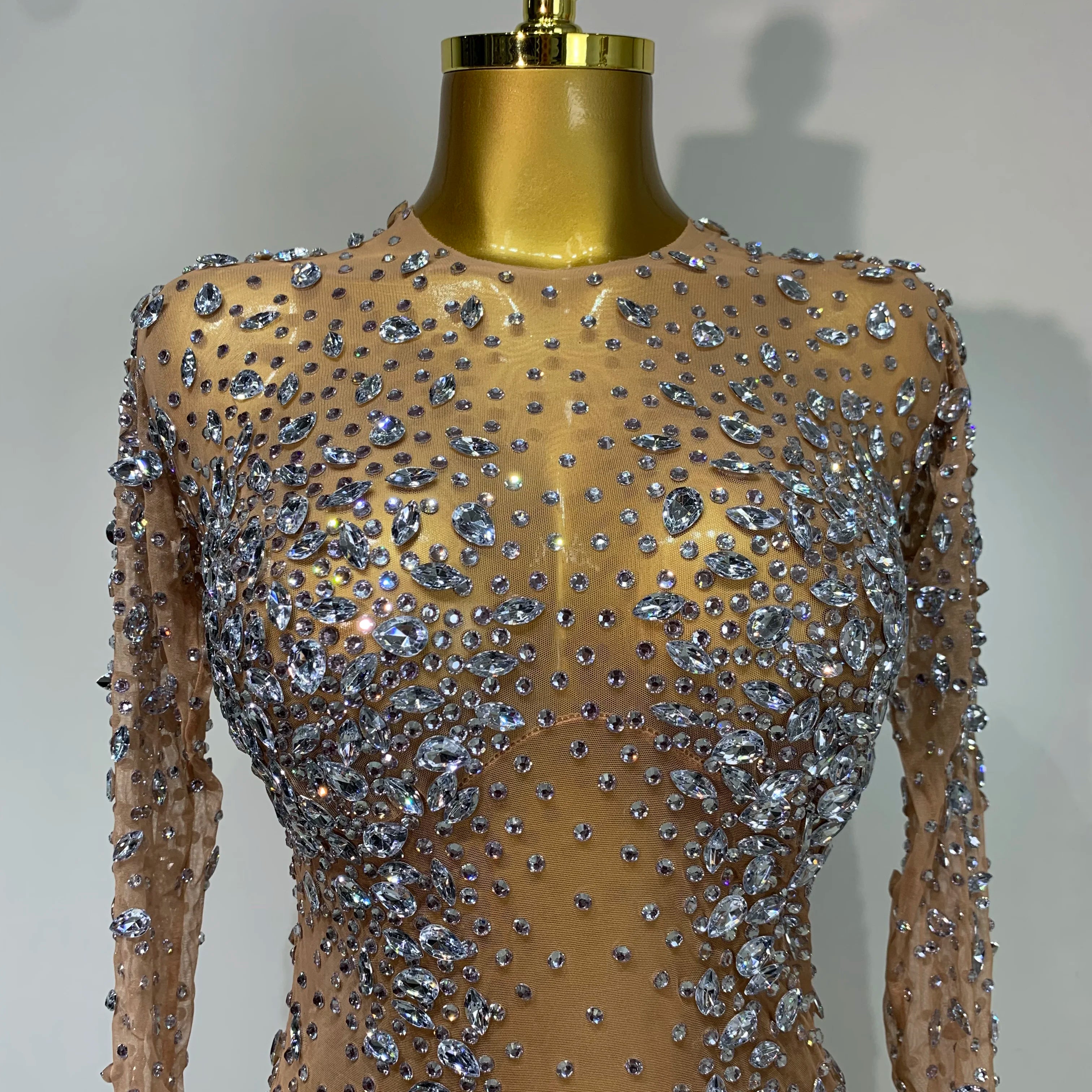 Women Sexy Long Sleeve Bodycon Dress Luxury Birthday Evening Party Glitter Rhinestones Mesh See Through Prom Gown Stage Outfit