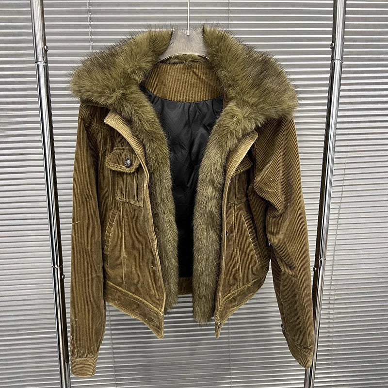 Autumn Winter New Corduroy Detachable Fur Collar Coat For Women Quilted Loose Warm Jacket Female 11A07907