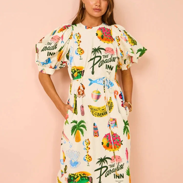 Women Hawaii Holiday Print Long Dress Short Sleeve Sashes Empire Waist Loose Vintage Retro Ladies Summer Beach Drsses NEW