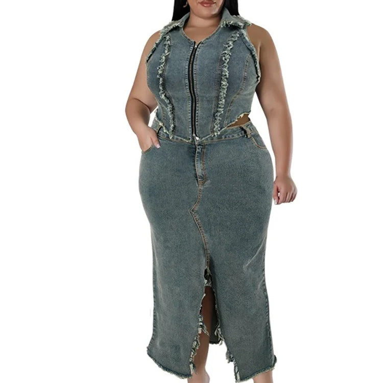 Wmstar Women Plus Size Denim Skirts Sets Two Piece Set Casual Summer Turn-down Collar Crop Tops Streetwear Matching Suits 2024 Blue