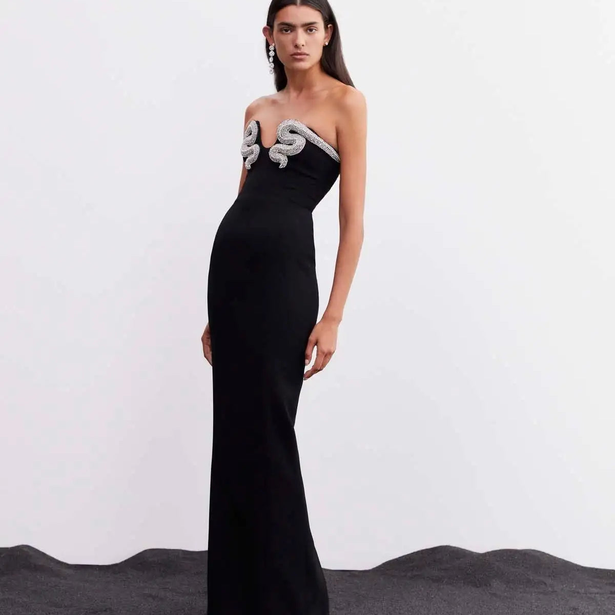 Women Sexy Strapless Rhinestones Bodycon Bandage Long Dress Fashion Elegant Evening Party Celebrate Dress