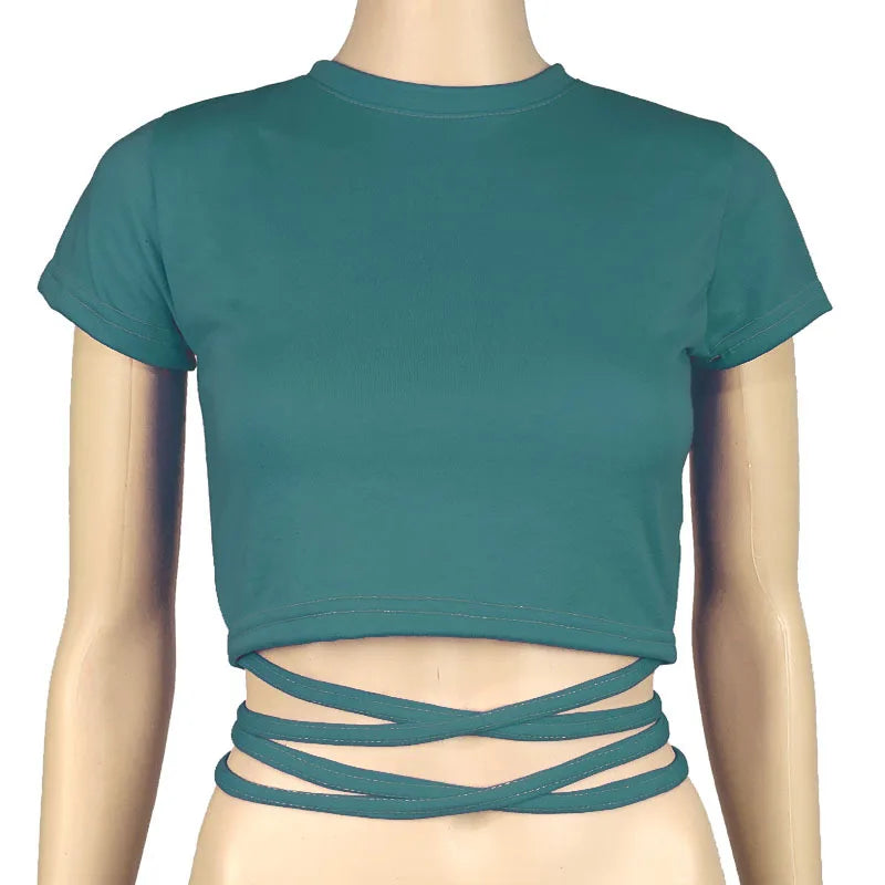 13 Colors Women Lace Up Cropped T-shirts Summer Lady O-Neck Short Sleeve Slim Bandage Tee Tops GXJCK-2180 Dark Green