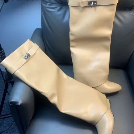 Shark Lock Women Boots Brand Design Genuine Leather Slip-on Knee High Boots For Woman Motorcycle Botas Mujer Fashion Wedge Shoes apricot leather