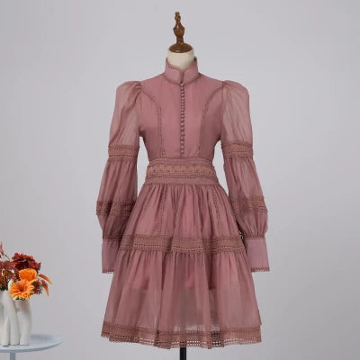 Runway Designer Embroidery Lace Patchwork Party Night Dress High Lantern Sleeve Stand A Line Vintage Elegant Dress mei red