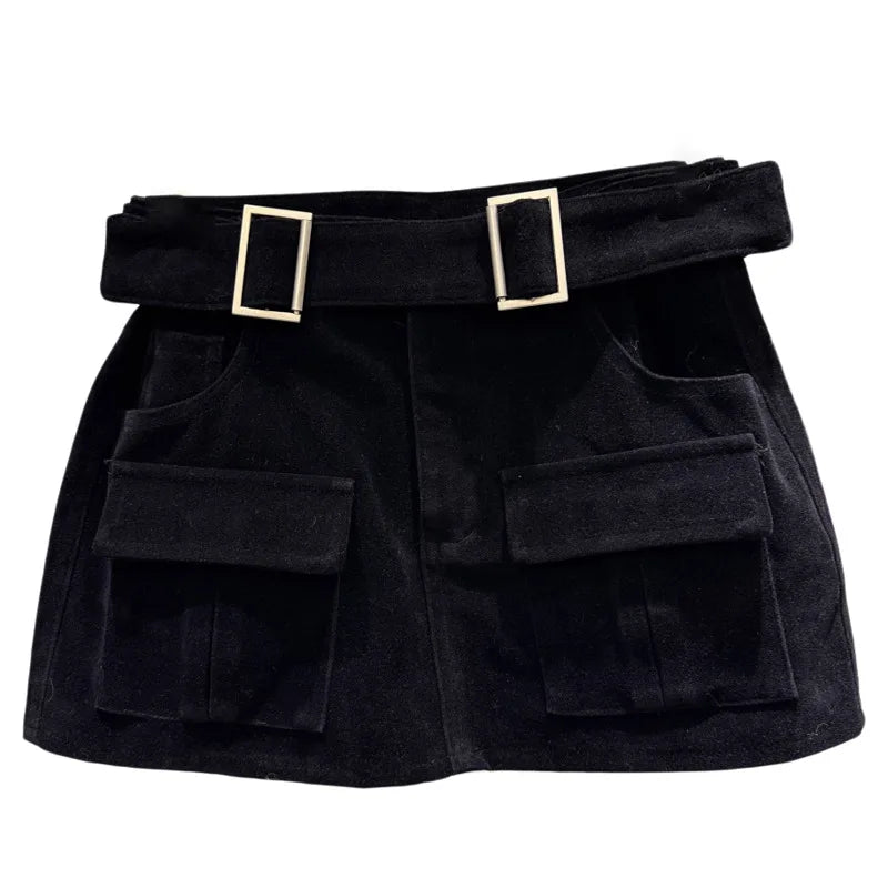 Winter New Fashion Style Metal Belt Pocket Suede Cargo Short A-line Skirt For Women Wrapped Hip A-line Skirts 11A07737