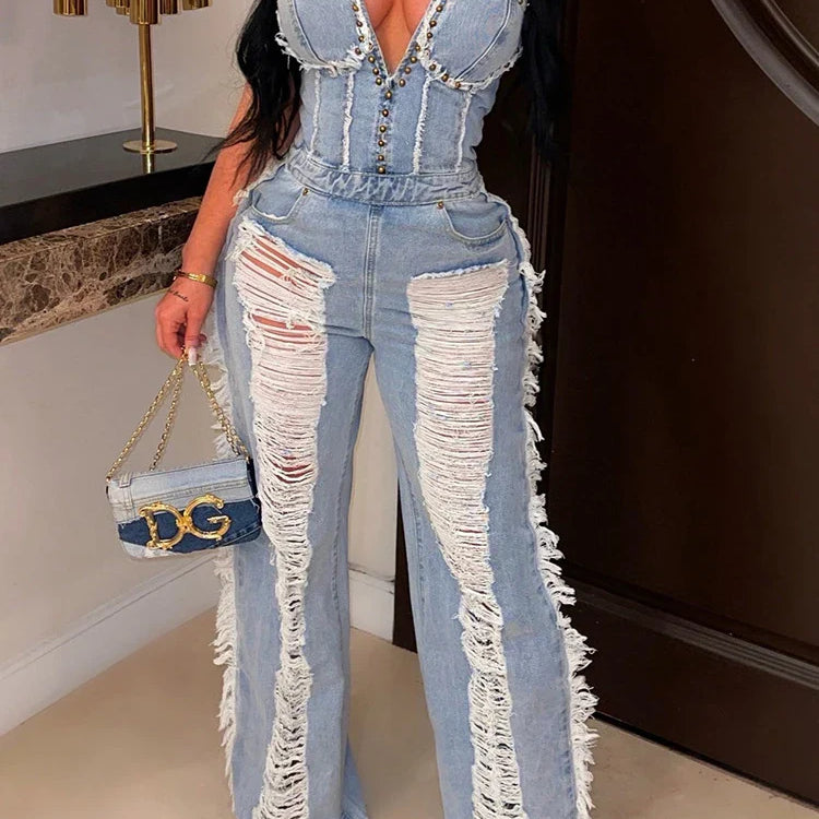 Sibybo Tassel Hollow Out Overalls For Women Studded Diamond Strapless Backless Jeans Street Fashion Trend Jumpsuite Femme
