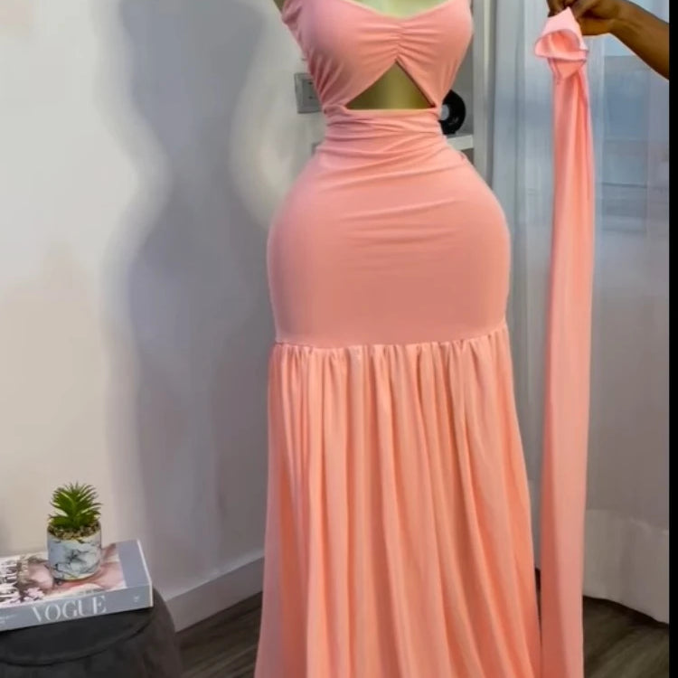 Women Sleeveless Strap Ruched V-neck Pleated Side Split A-line Midi Maxi Long Dress 2025 Birthday Sexy Party Dresses