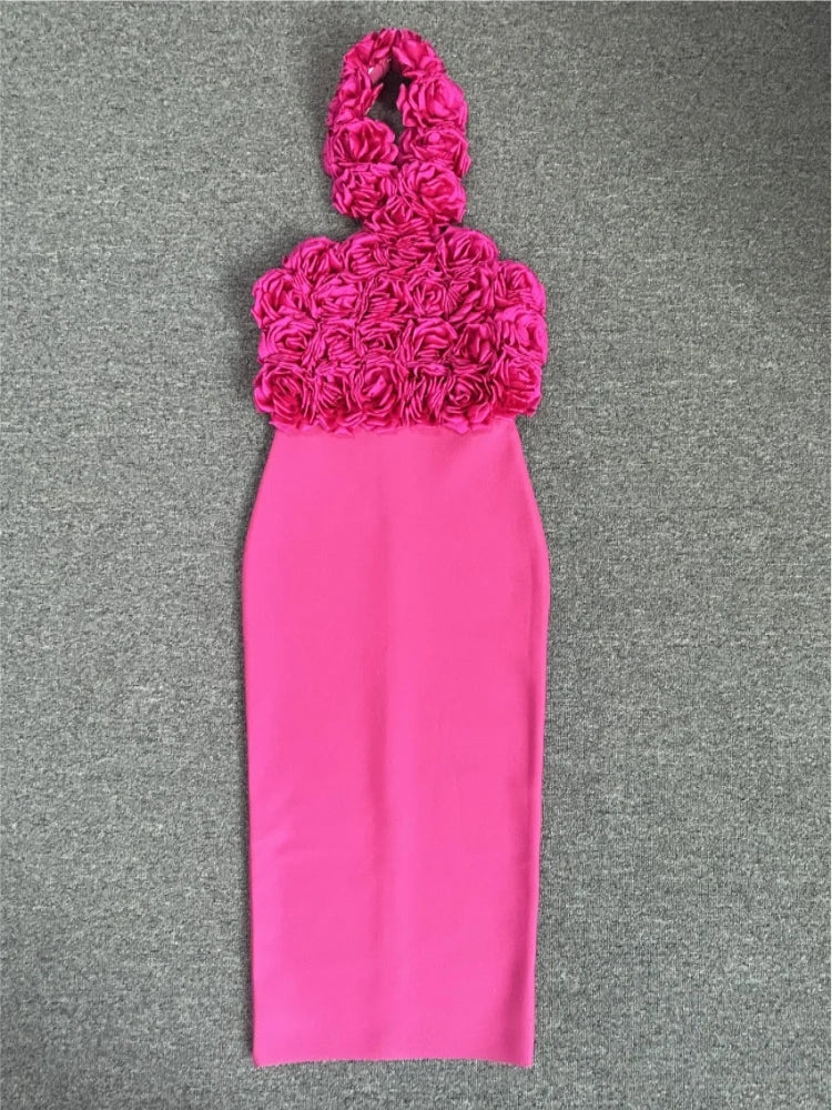 Rosered White Women Sexy Halter Off the Shoulder Backless Bodycon Long Bandage Dress Florals Celebrate Nightclub Party Wear