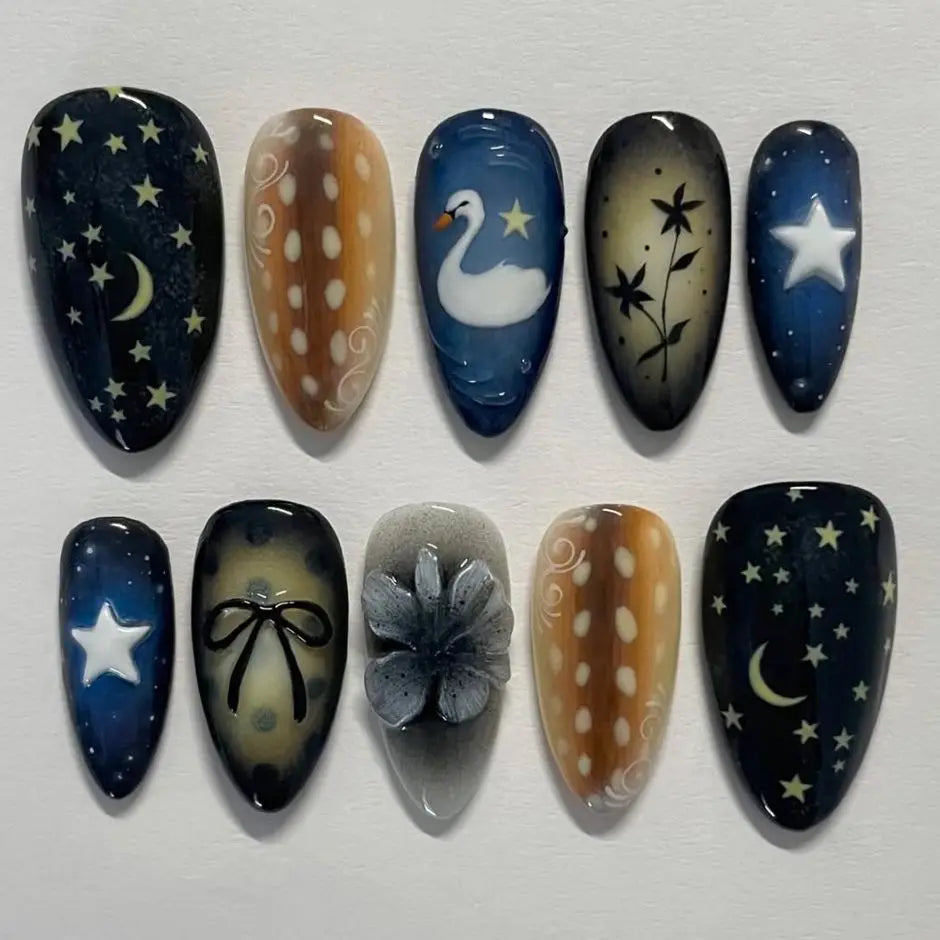 24pcs Gradient Black False Nails Yellow Star Moon Swan Pattern Press On Nails Sweet Cool Bowknots Flower Fake Nail Y2k Manicure Y1