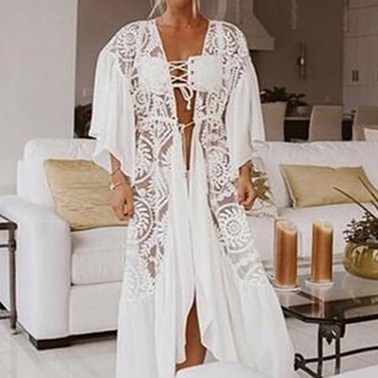 White Knitted Beach Cover up dress Tunic Long Pareos Bikinis Cover ups Swim Cover up Robe Plage Beachwear LXF19203W1