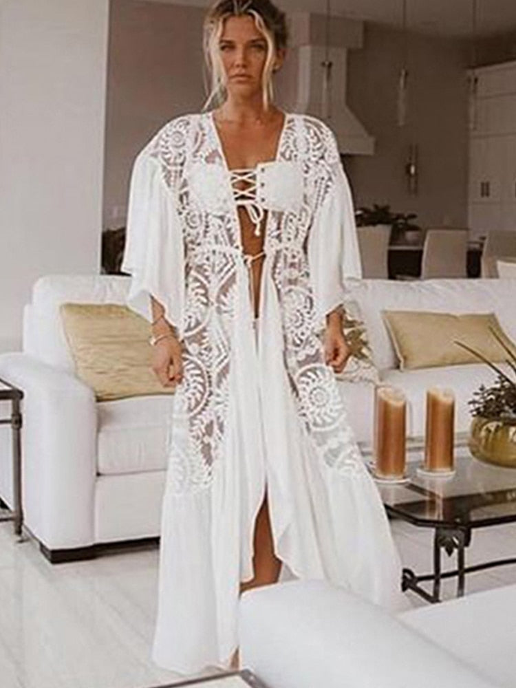 White Knitted Beach Cover up dress Tunic Long Pareos Bikinis Cover ups Swim Cover up Robe Plage Beachwear LXF19203W1