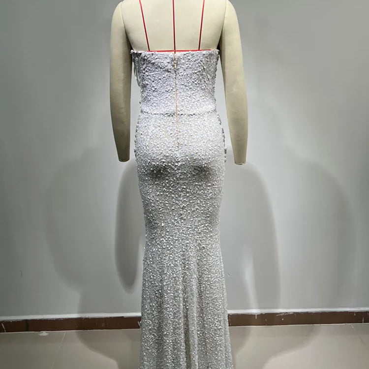 Women Luxury Sexy Strapless Backless Pearl Sequins Maxi Long Beige Gowns Dress Elegant Evening Party Club Dress Vestido