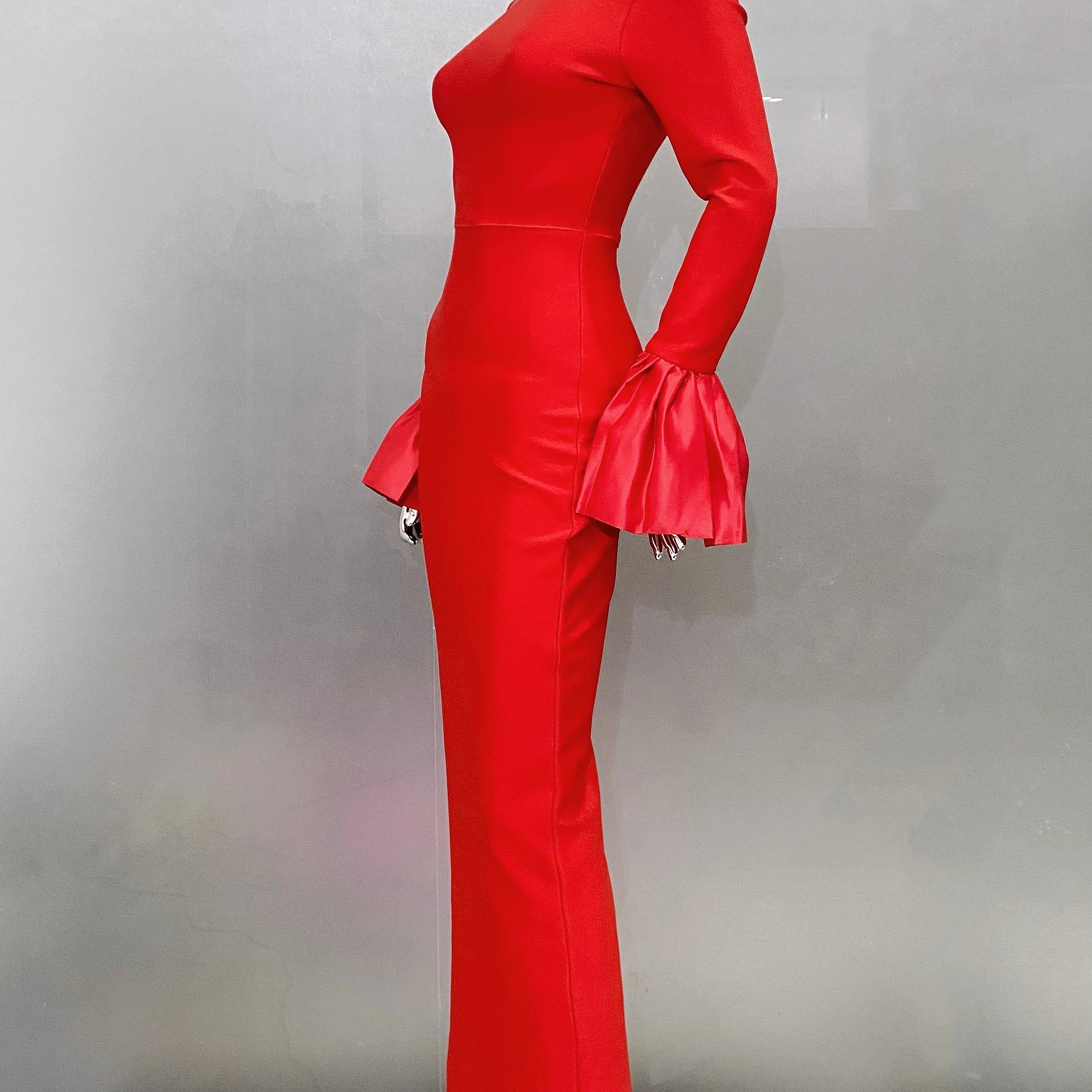 New Red Color Women Flare Sleeve Shinning Crystal Necklace Bodycon Bandage Long Dress Elegant Evening Party Celebrate Dress