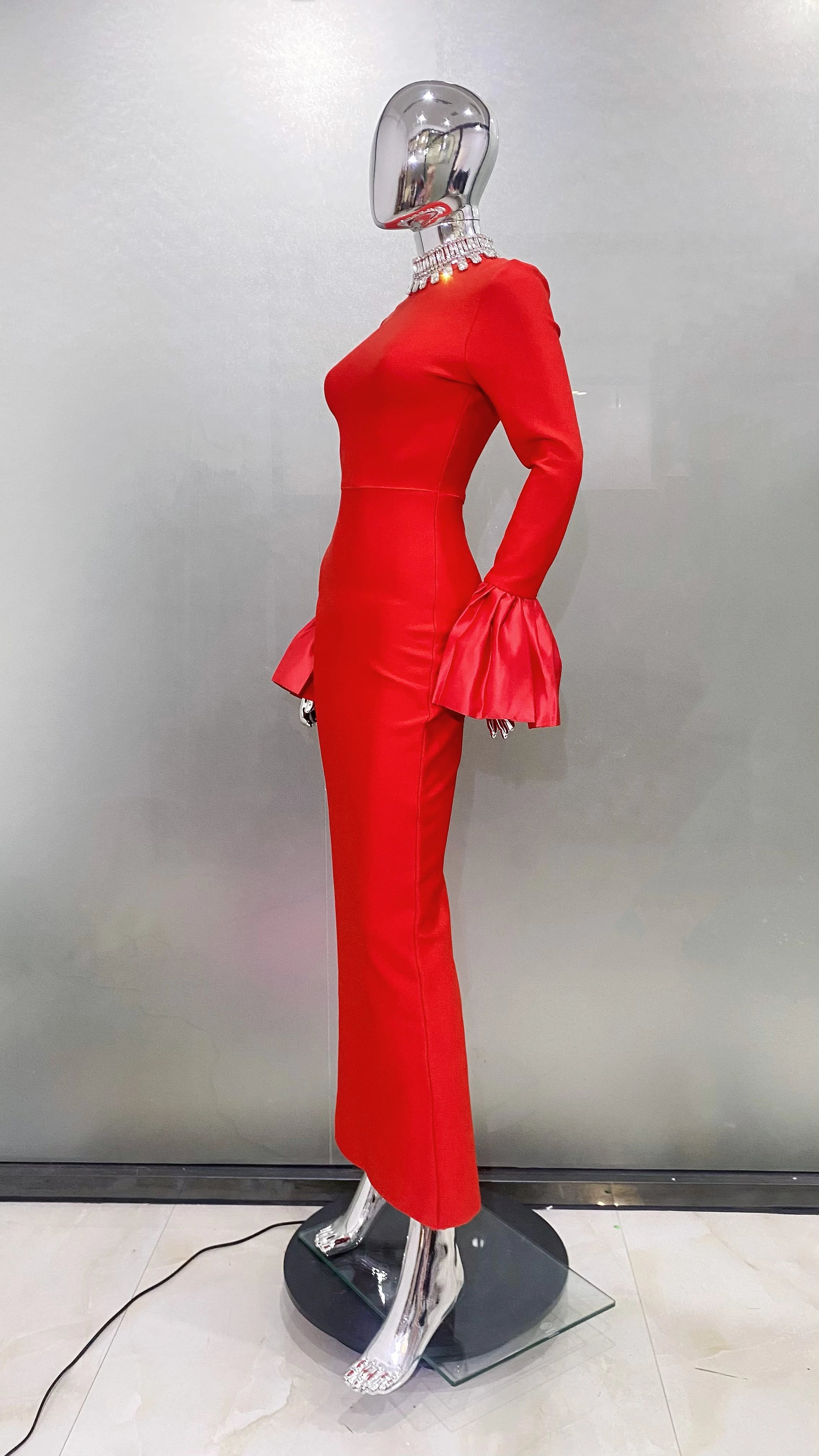 New Red Color Women Flare Sleeve Shinning Crystal Necklace Bodycon Bandage Long Dress Elegant Evening Party Celebrate Dress