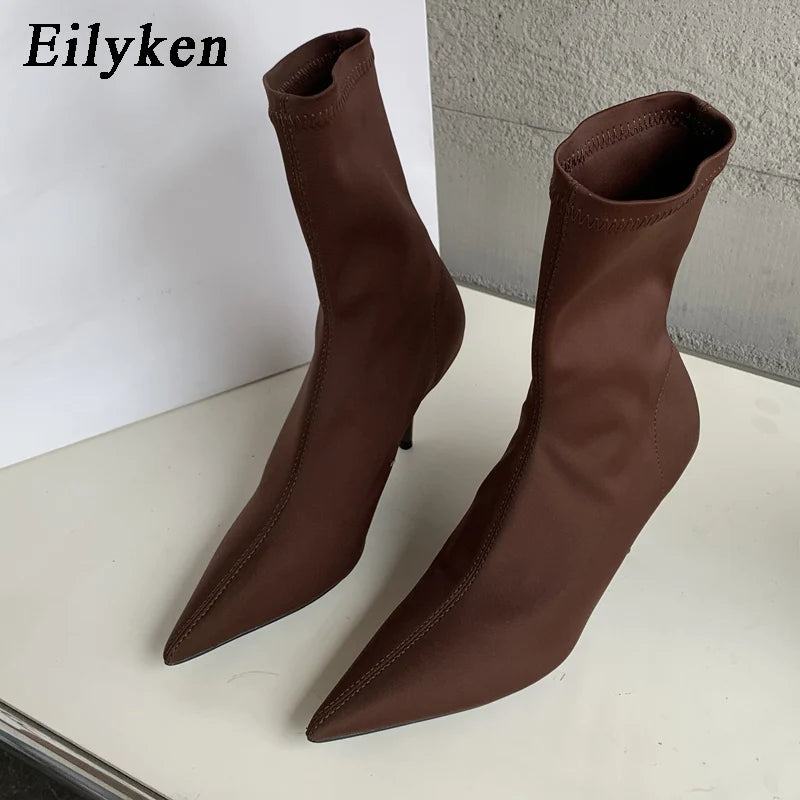 Eilyken 2025 New Spring Autumn Stretch Fabric Women Ankle Boots Sexy Pointed Toe High Heels Fashion Female Socks Pumps Shoes